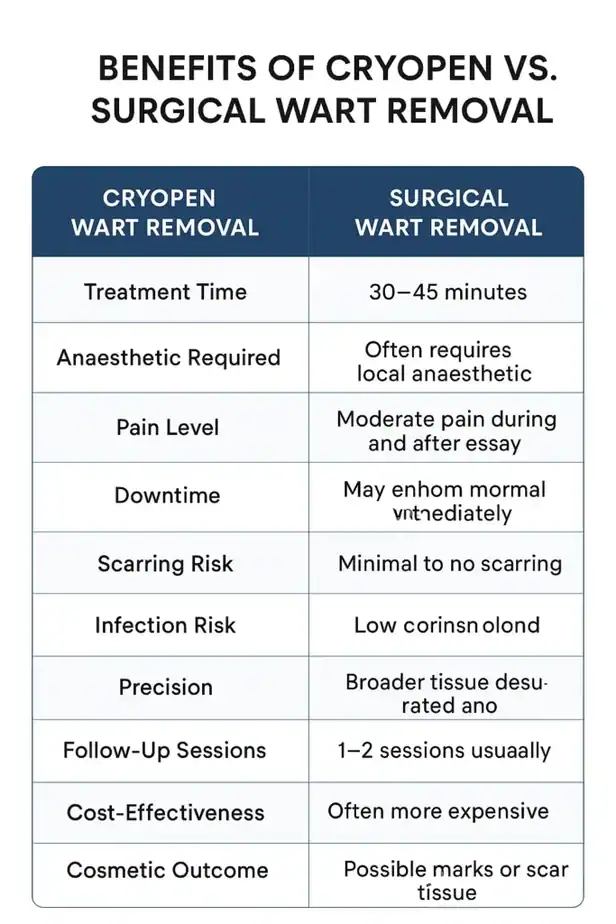 Table showing the benefits of cryopen to remove warts Merthyr Tydfil compared to surgical treatment
